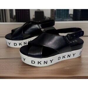 DKNY Black White Chunky Platform Logo Spellout Flatform Sandals 7.5 Y2K Retro